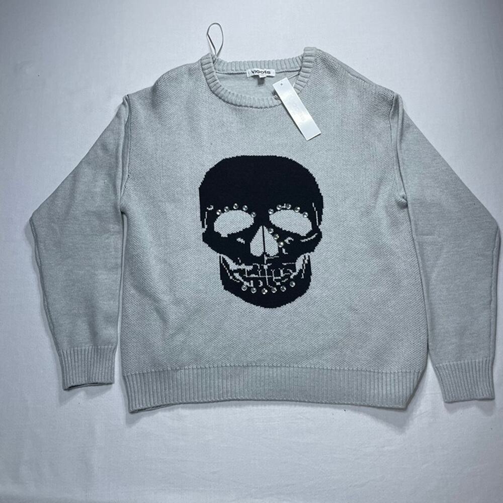 Vigoss Rhinestone Skull Sweater Women M Gray Goth Grunge NWT